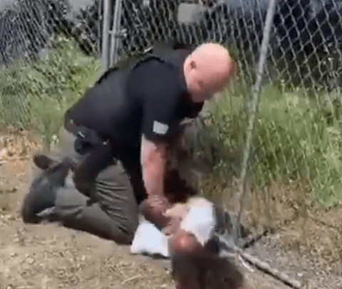 American cop assaulting child